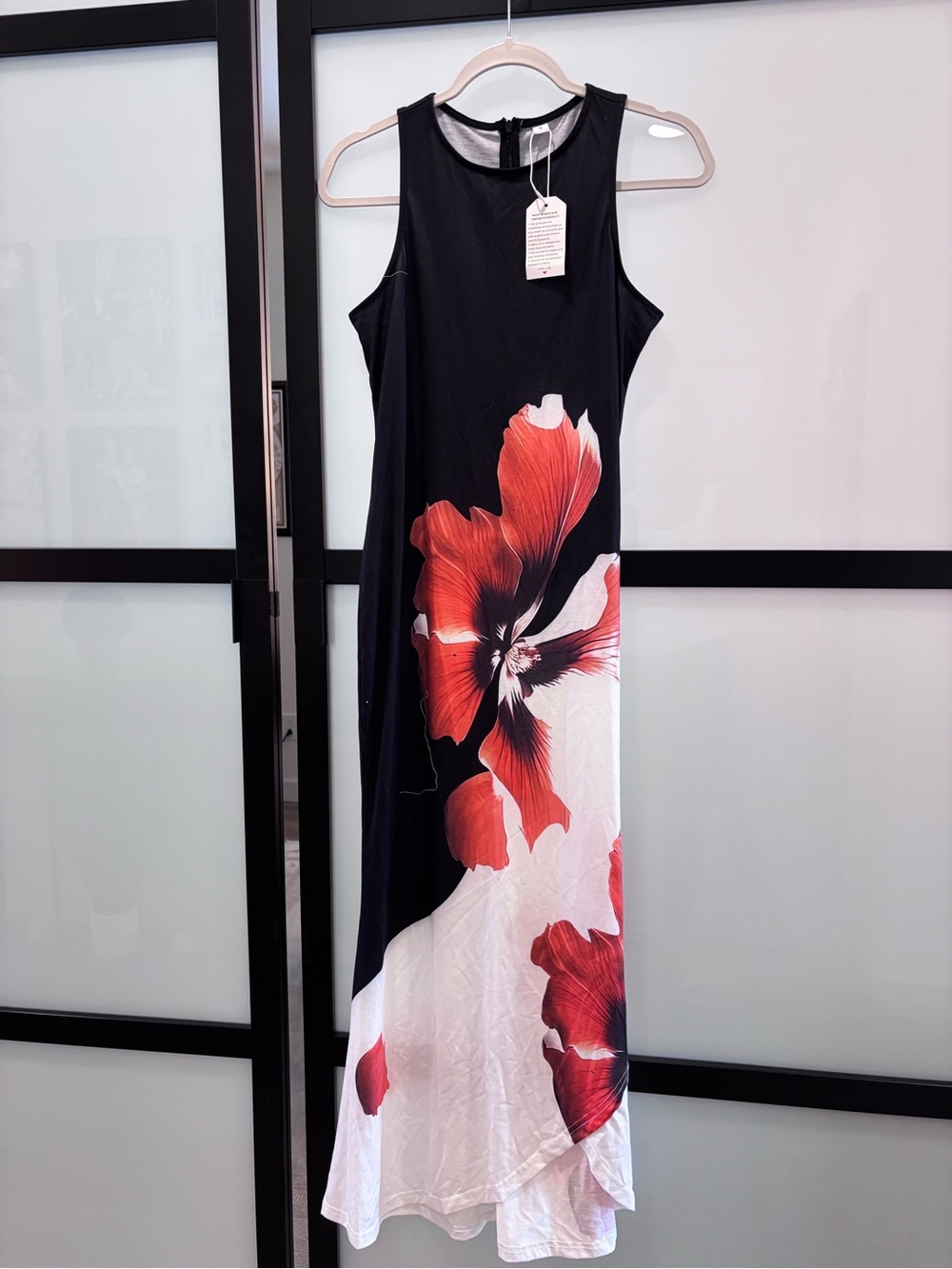 Sleeveless Black Maxi Dress with Red Floral Print